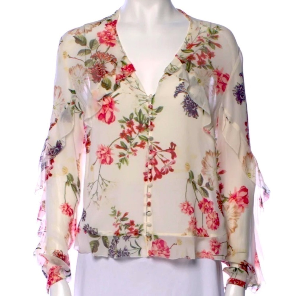Nicholas Beautiful Long Sleeve Silk Blouse W/ Ruffles Floral Print V Neck SZ S
